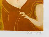 un tableau représentant une femme en robe rouge tenant un vase