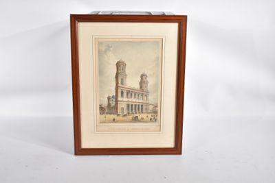 une vieille photo d'une photo d'un bâtiment avec une tour horloge