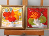 two paintings that are on a easel next to each other