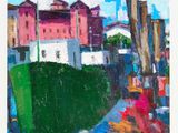 an oil painting of a city street with buildings and a red fire hydrant in the foreground