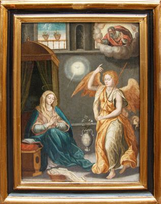 tableau représentant un ange et une femme assis dans une pièce
