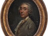 un vieux tableau représentant un homme en costume-cravate, dans un cadre doré