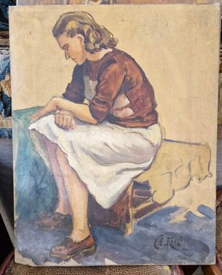 une peinture représentant une femme assise sur une chaise