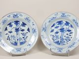 une paire d'assiettes bleues et blanches ornées de fleurs et de feuilles