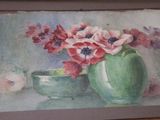 a painting of flowers in a green vase on a table