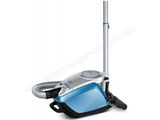 a blue and silver vacuum cleaner on a white background