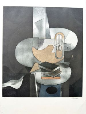 une image représentant une peinture où l'on voit une guitare et un livre posés sur une table