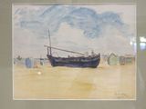 a picture of a painting of a boat on the beach