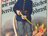 an old poster of a man in uniform holding a fire hose