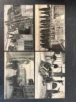 several old black and white photos of people standing in front of a building