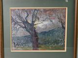 tableau représentant un arbre sur lequel est perché un oiseau, dans un cadre