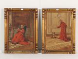 deux tableaux représentant un homme et une femme en robe rouge