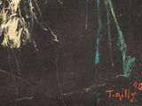 a painting of a man with a hat on a black background