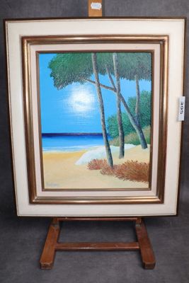 une peinture à l'huile représentant une scène de plage avec des arbres et un ciel bleu