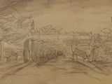 drawing of a drawing of a farm scene with a horse drawn by a man