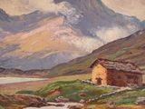 a painting of a house in the mountains with a mountain in the background