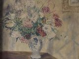 a painting of a vase of flowers on a table