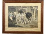 painting of two horses and a man in a stable with a dog