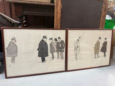three framed pictures of men in coats and hats are on a table