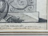 an old drawing of a boat on a table with a clock on it