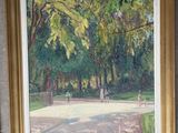 tableau représentant une scène de parc avec des arbres et un banc au premier plan