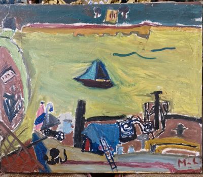 une peinture représentant une peinture d'un bateau sur l'eau