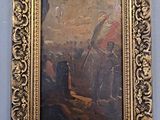 un vieux tableau représentant un homme tenant un drapeau, dans un cadre doré