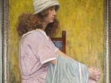 tableau représentant une femme coiffée d'un chapeau, assise sur une chaise