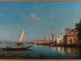 une peinture à l'huile représentant des bateaux dans un port avec des bâtiments à l'arrière-plan