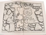 an open book with a drawing of a map on it