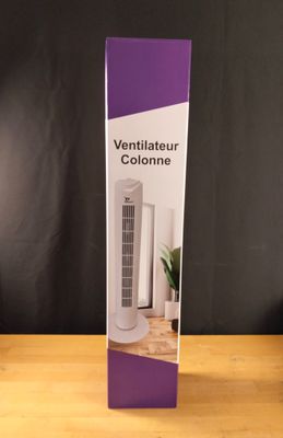 La boîte contenant le ventilateur est posée sur la table.