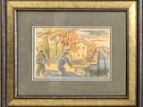 painting of a man and a woman on a boat in the water