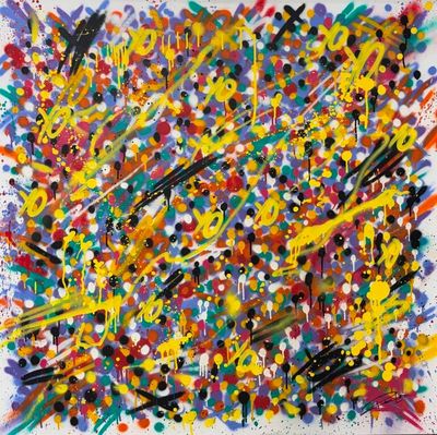 une peinture abstraite représentant des éclaboussures de peinture multicolores sur une surface blanche
