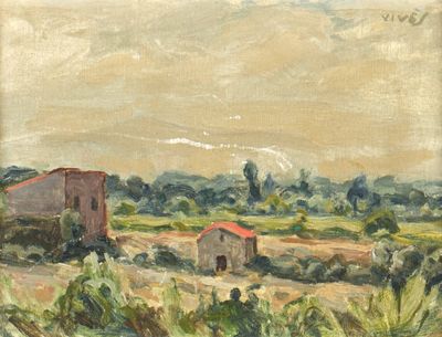 an image of a painting of a farm scene with a barn in the distance