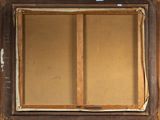 painting of a window with a brown frame and a brown paper covering