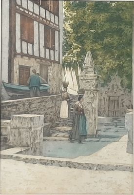 un tableau représentant une femme debout sur les marches d'un immeuble