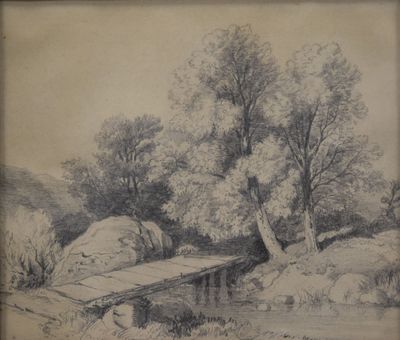dessin représentant un pont enjambant une rivière, avec des arbres et des rochers en arrière-plan