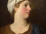 a painting of a woman with a white turban on her head