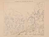 drawing of a group of men standing in front of a mountain