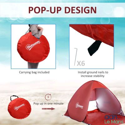 tente de plage rouge à montage rapide, avec les instructions pour la monter