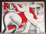 a picture of a painting of a man and a cow