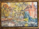 an oil painting of a house by a river with trees in the foreground