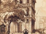 drawing of a street scene with a man and a woman walking down the street