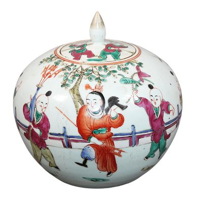 a white vase with a painting on it on a white background