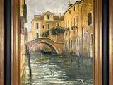 an oil painting of a bridge over a canal with buildings in the background