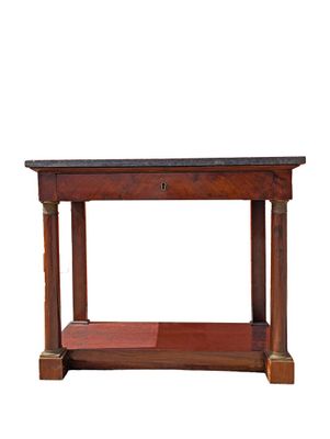 an old wooden table with a marble top on a white background