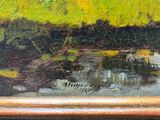 an oil painting of a cow grazing in a field by a stream