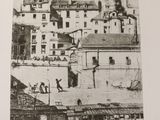 drawing of a black and white picture of a city with people on it