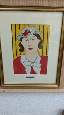 peinture représentant une femme coiffée d'un chapeau bleu sur un mur