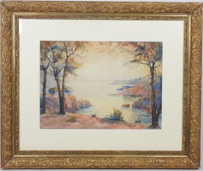 une image représentant un tableau représentant un lac et des arbres, dans un cadre doré